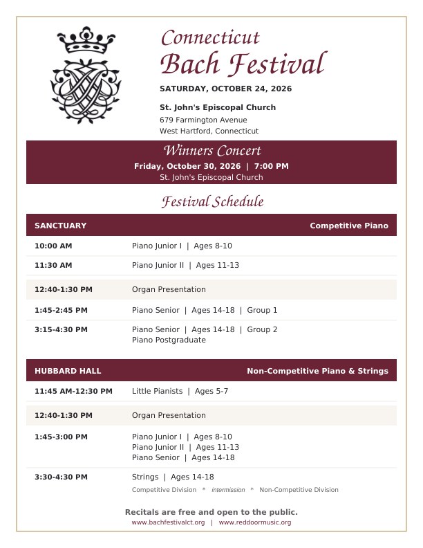 2026 Connecticut Bach Festival poster with the festival and Winners Concert schedules